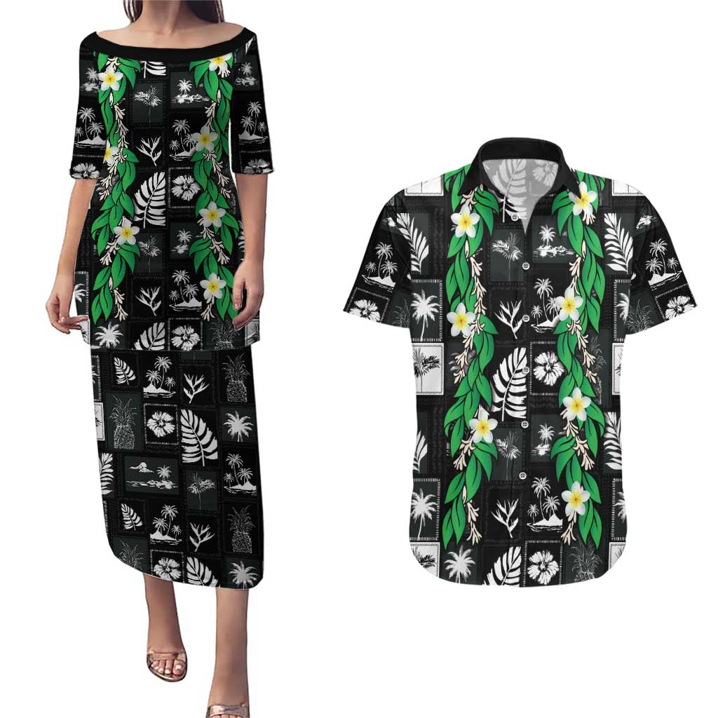 Aloha Hawaii Tuberose Lei Couples Matching Puletasi and Hawaiian Shirt Tropical Vibes Black Color LT14 Black - Polynesian Pride