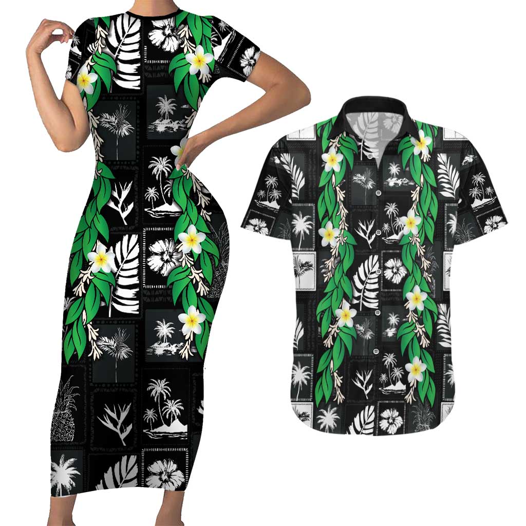 Aloha Hawaii Tuberose Lei Couples Matching Short Sleeve Bodycon Dress and Hawaiian Shirt Tropical Vibes Black Color LT14 Black - Polynesian Pride