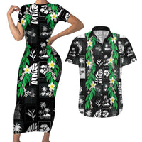 Aloha Hawaii Tuberose Lei Couples Matching Short Sleeve Bodycon Dress and Hawaiian Shirt Tropical Vibes Black Color LT14 Black - Polynesian Pride