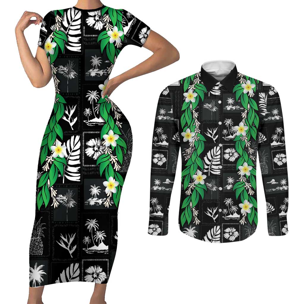 Aloha Hawaii Tuberose Lei Couples Matching Short Sleeve Bodycon Dress and Long Sleeve Button Shirt Tropical Vibes Black Color - Polynesian Pride