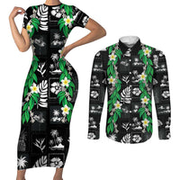 Aloha Hawaii Tuberose Lei Couples Matching Short Sleeve Bodycon Dress and Long Sleeve Button Shirt Tropical Vibes Black Color LT14 Black - Polynesian Pride