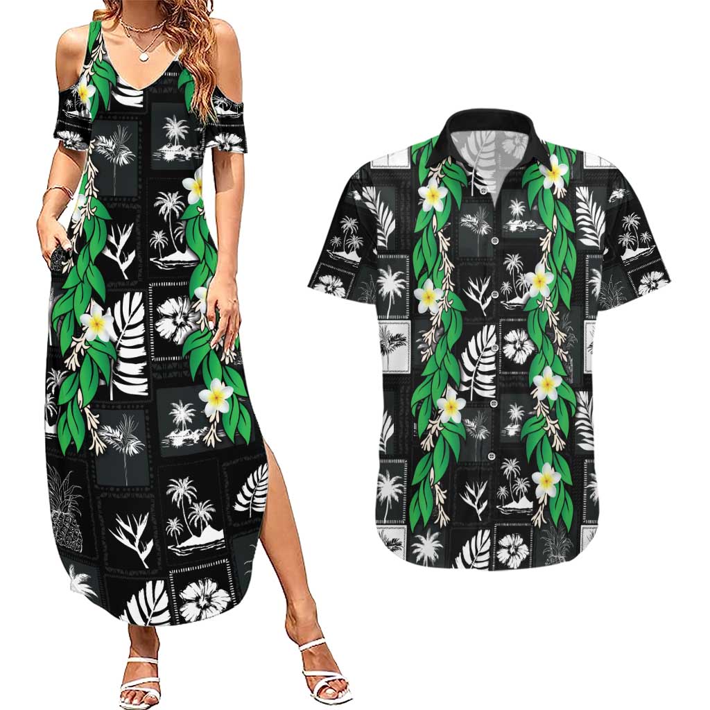 Aloha Hawaii Tuberose Lei Couples Matching Summer Maxi Dress and Hawaiian Shirt Tropical Vibes Black Color LT14 Black - Polynesian Pride