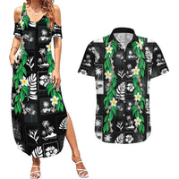 Aloha Hawaii Tuberose Lei Couples Matching Summer Maxi Dress and Hawaiian Shirt Tropical Vibes Black Color LT14 Black - Polynesian Pride