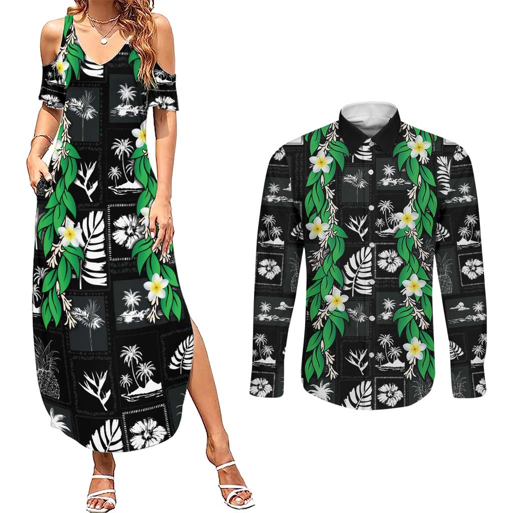 Aloha Hawaii Tuberose Lei Couples Matching Summer Maxi Dress and Long Sleeve Button Shirt Tropical Vibes Black Color LT14 Black - Polynesian Pride