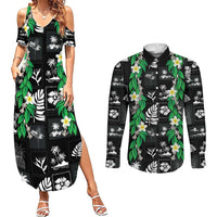 Aloha Hawaii Tuberose Lei Couples Matching Summer Maxi Dress and Long Sleeve Button Shirt Tropical Vibes Black Color LT14 Black - Polynesian Pride
