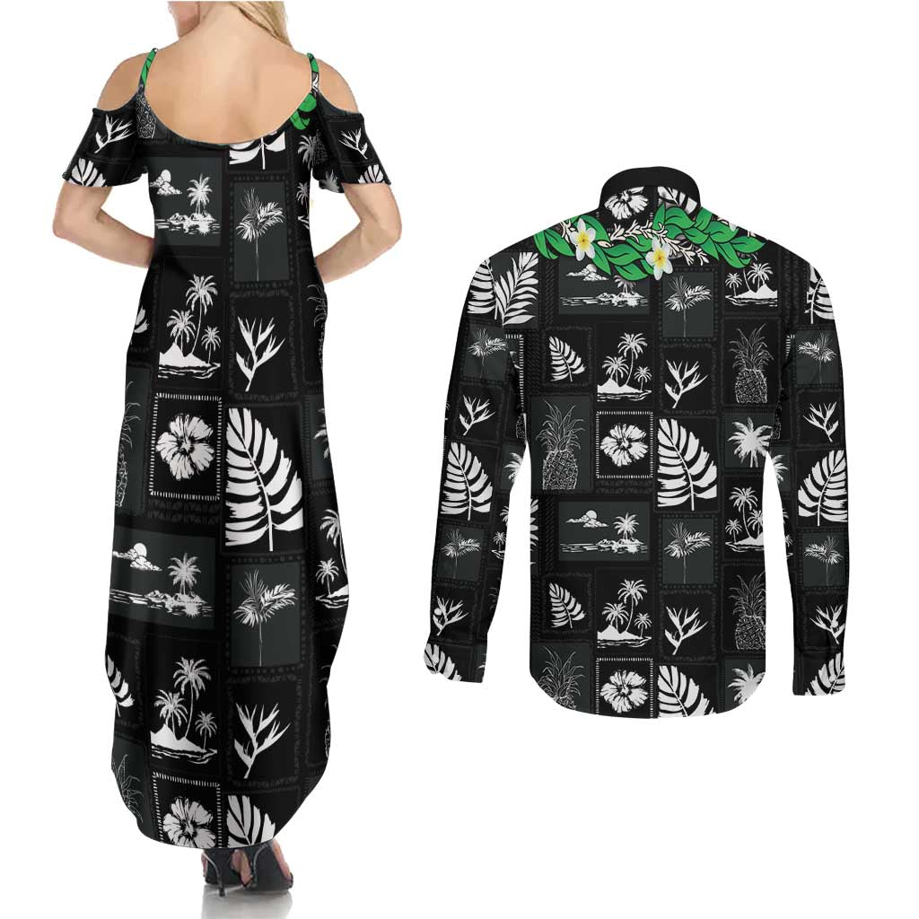 Aloha Hawaii Tuberose Lei Couples Matching Summer Maxi Dress and Long Sleeve Button Shirt Tropical Vibes Black Color LT14 - Polynesian Pride