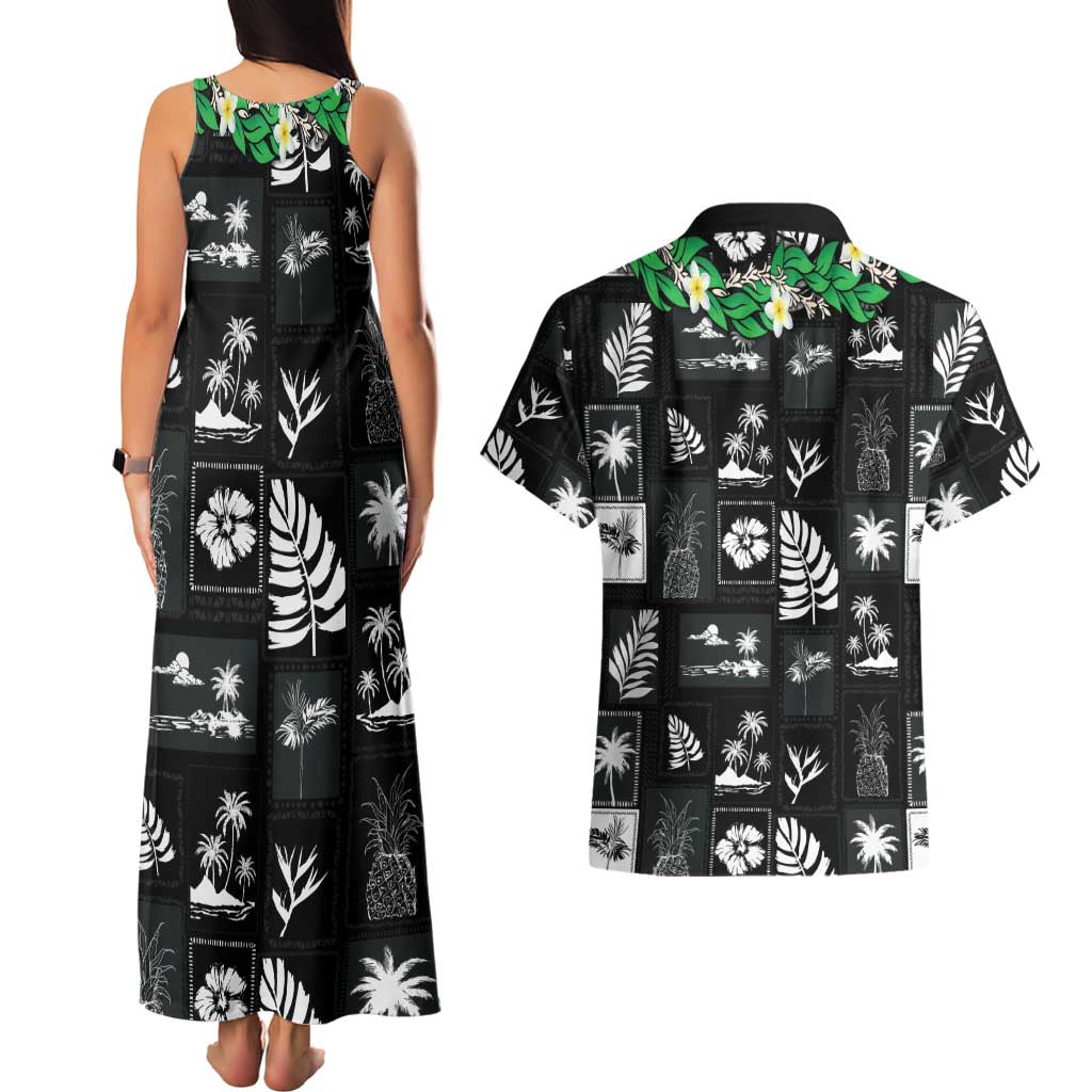 Aloha Hawaii Tuberose Lei Couples Matching Tank Maxi Dress and Hawaiian Shirt Tropical Vibes Black Color LT14 - Polynesian Pride