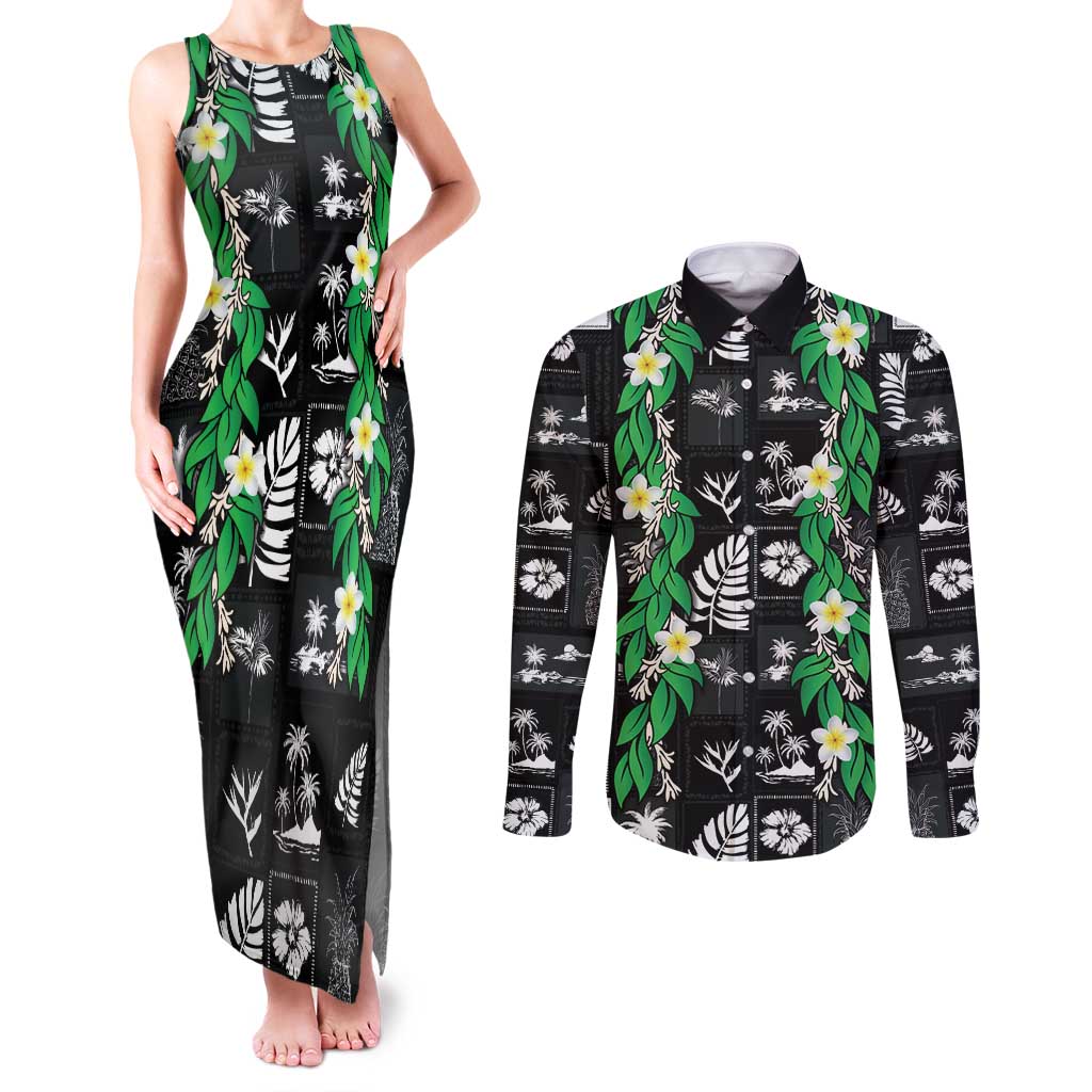 Aloha Hawaii Tuberose Lei Couples Matching Tank Maxi Dress and Long Sleeve Button Shirt Tropical Vibes Black Color LT14 Black - Polynesian Pride