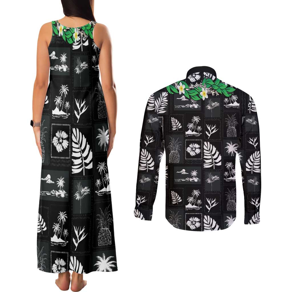 Aloha Hawaii Tuberose Lei Couples Matching Tank Maxi Dress and Long Sleeve Button Shirt Tropical Vibes Black Color LT14 - Polynesian Pride