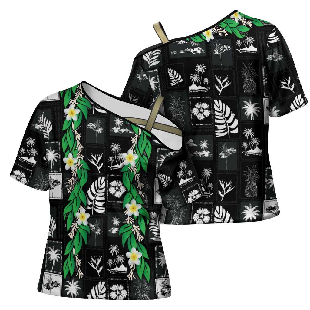 Aloha Hawaii Tuberose Lei Cross Shoulder Shirt Tropical Vibes Black Color - Polynesian Pride