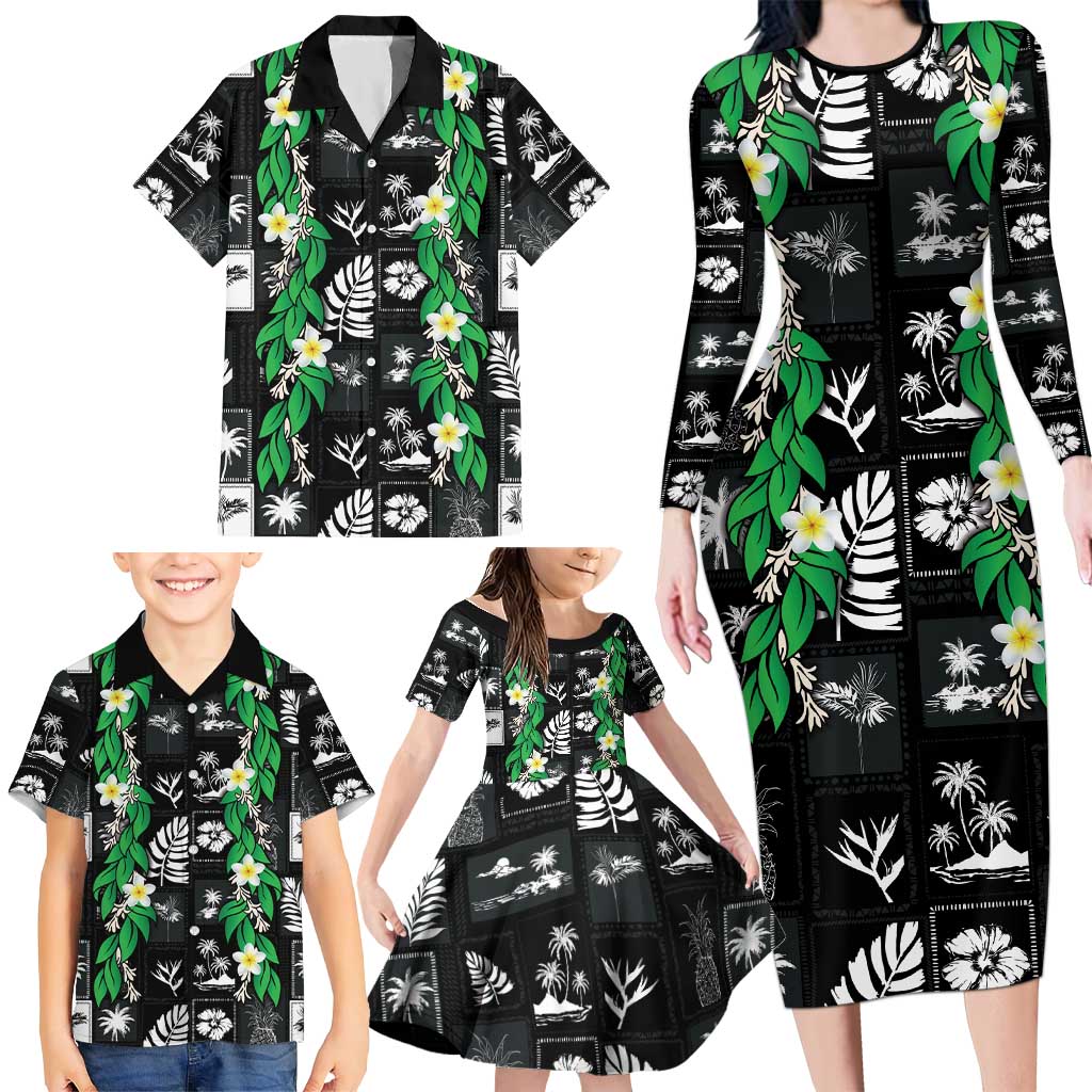Aloha Hawaii Tuberose Lei Family Matching Long Sleeve Bodycon Dress and Hawaiian Shirt Tropical Vibes Black Color LT14 - Polynesian Pride