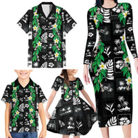 Aloha Hawaii Tuberose Lei Family Matching Long Sleeve Bodycon Dress and Hawaiian Shirt Tropical Vibes Black Color LT14 - Polynesian Pride