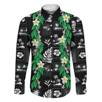 Aloha Hawaii Tuberose Lei Family Matching Long Sleeve Bodycon Dress and Hawaiian Shirt Tropical Vibes Black Color LT14 Dad's Shirt - Long Sleeve Black - Polynesian Pride