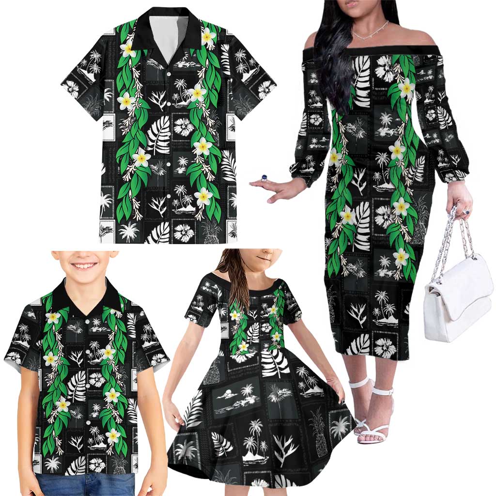 Aloha Hawaii Tuberose Lei Family Matching Off The Shoulder Long Sleeve Dress and Hawaiian Shirt Tropical Vibes Black Color - Polynesian Pride