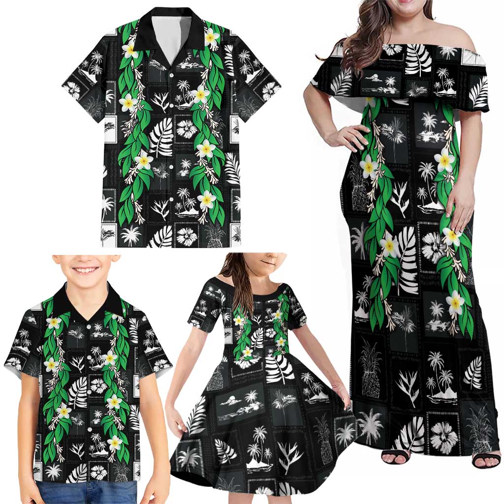 Aloha Hawaii Tuberose Lei Family Matching Off Shoulder Maxi Dress and Hawaiian Shirt Tropical Vibes Black Color - Polynesian Pride