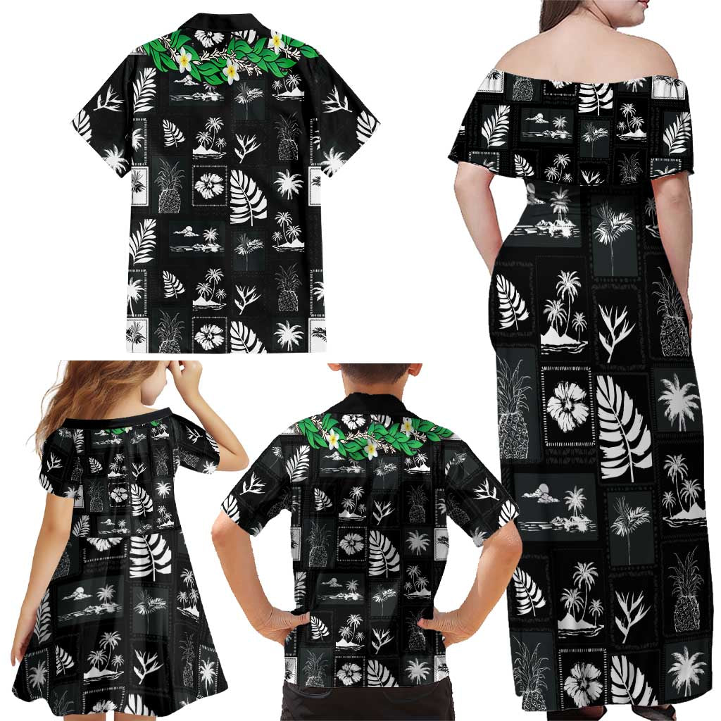 Aloha Hawaii Tuberose Lei Family Matching Off Shoulder Maxi Dress and Hawaiian Shirt Tropical Vibes Black Color LT14 - Polynesian Pride