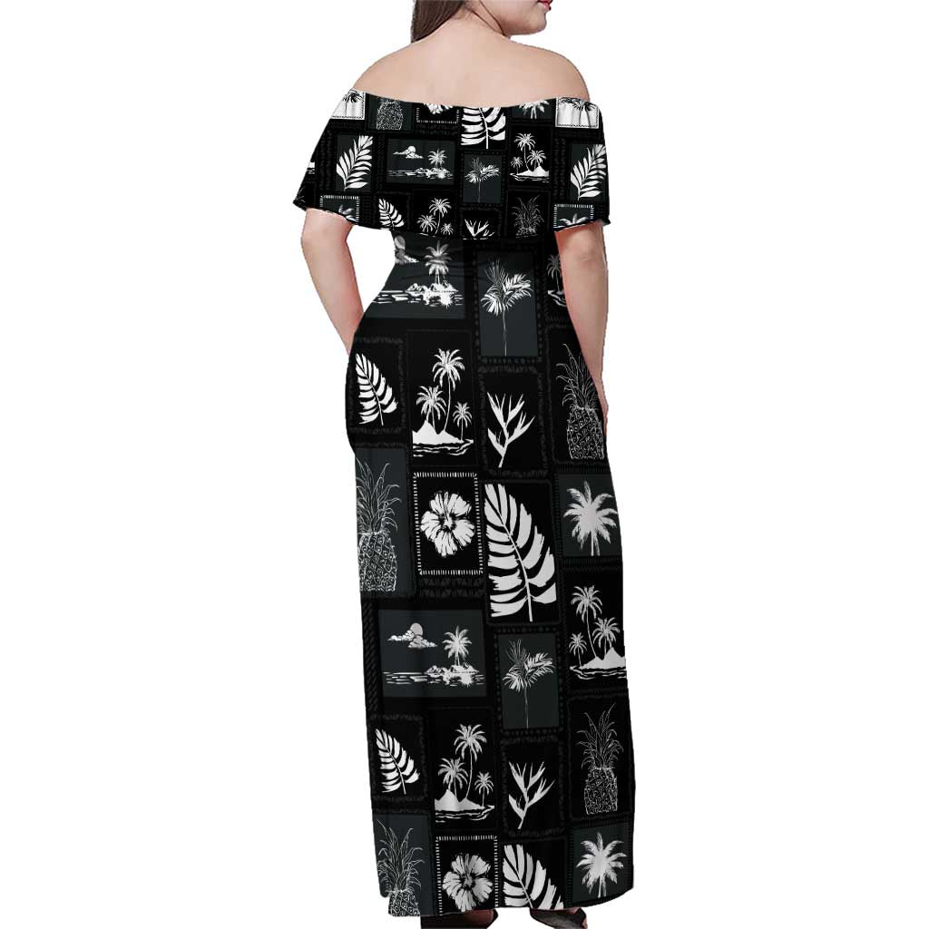 Aloha Hawaii Tuberose Lei Family Matching Off Shoulder Maxi Dress and Hawaiian Shirt Tropical Vibes Black Color LT14 - Polynesian Pride