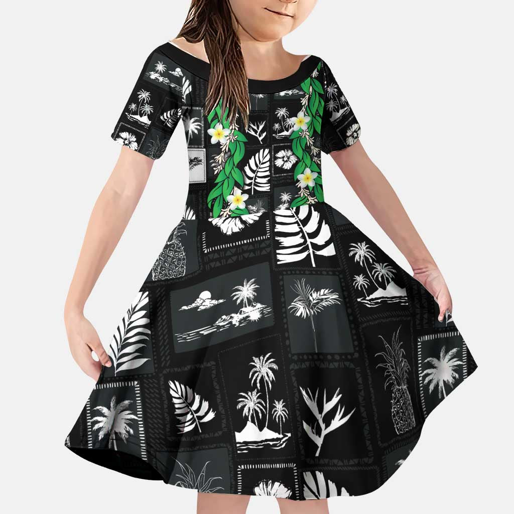 Aloha Hawaii Tuberose Lei Family Matching Off Shoulder Short Dress and Hawaiian Shirt Tropical Vibes Black Color LT14 Daughter's Dress Black - Polynesian Pride