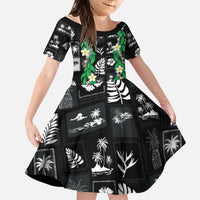 Aloha Hawaii Tuberose Lei Family Matching Off Shoulder Short Dress and Hawaiian Shirt Tropical Vibes Black Color LT14 Daughter's Dress Black - Polynesian Pride