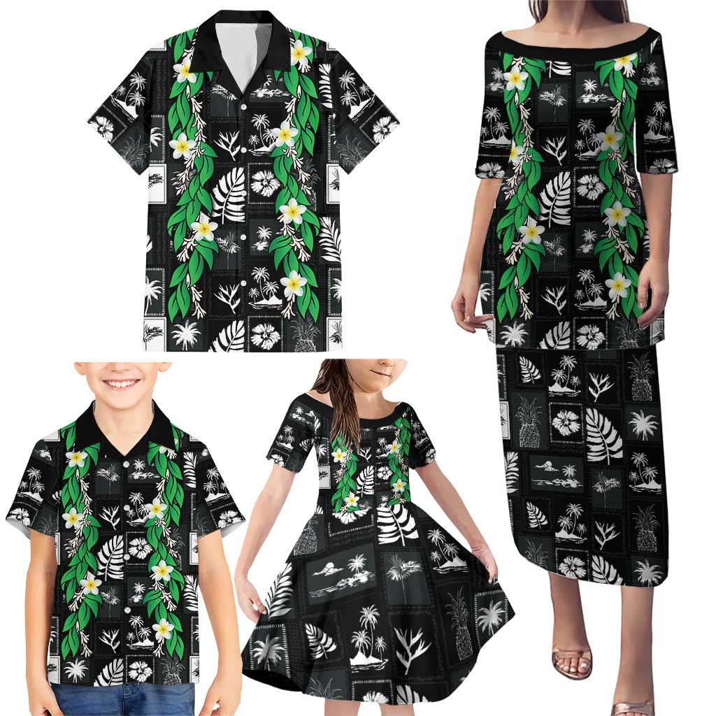Aloha Hawaii Tuberose Lei Family Matching Puletasi and Hawaiian Shirt Tropical Vibes Black Color LT14 - Polynesian Pride