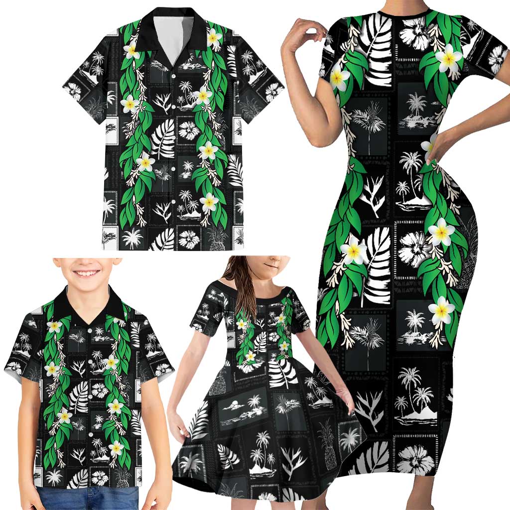 Aloha Hawaii Tuberose Lei Family Matching Short Sleeve Bodycon Dress and Hawaiian Shirt Tropical Vibes Black Color - Polynesian Pride