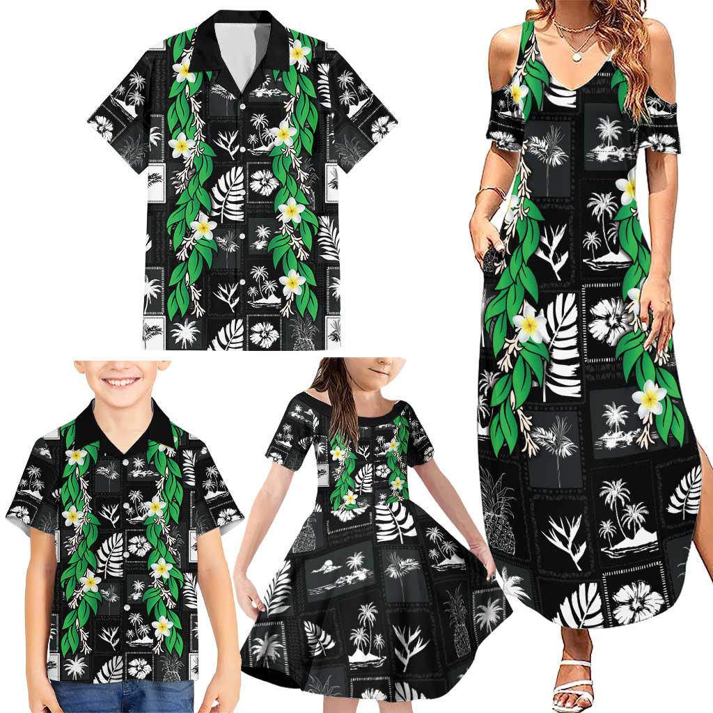 Aloha Hawaii Tuberose Lei Family Matching Summer Maxi Dress and Hawaiian Shirt Tropical Vibes Black Color - Polynesian Pride