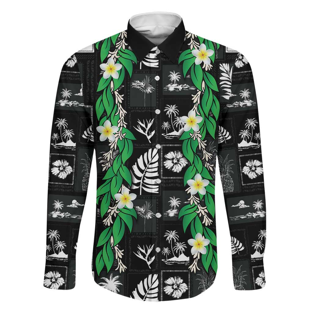 Aloha Hawaii Tuberose Lei Family Matching Tank Maxi Dress and Hawaiian Shirt Tropical Vibes Black Color LT14 Dad's Shirt - Long Sleeve Black - Polynesian Pride