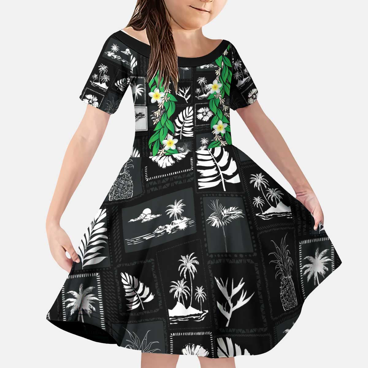 Aloha Hawaii Tuberose Lei Kid Short Sleeve Dress Tropical Vibes Black Color - Polynesian Pride