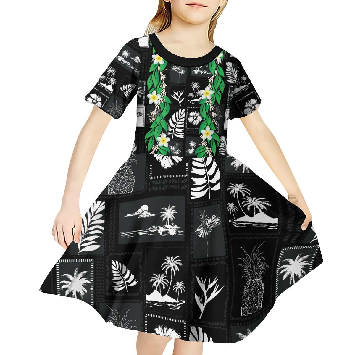 Aloha Hawaii Tuberose Lei Kid Short Sleeve Dress Tropical Vibes Black Color - Polynesian Pride