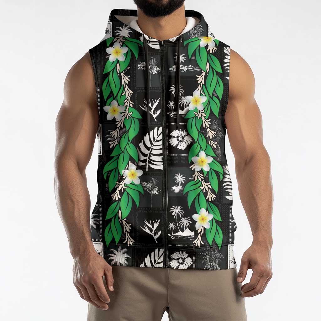 Aloha Hawaii Tuberose Lei Sleeveless Zip Hoodie Tropical Vibes Black Color LT14
