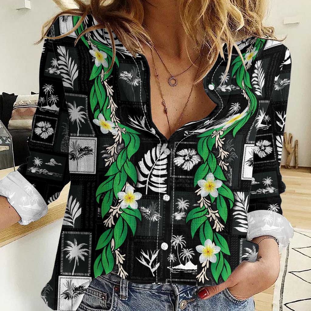 Aloha Hawaii Tuberose Lei Women Casual Shirt Tropical Vibes Black Color - Polynesian Pride