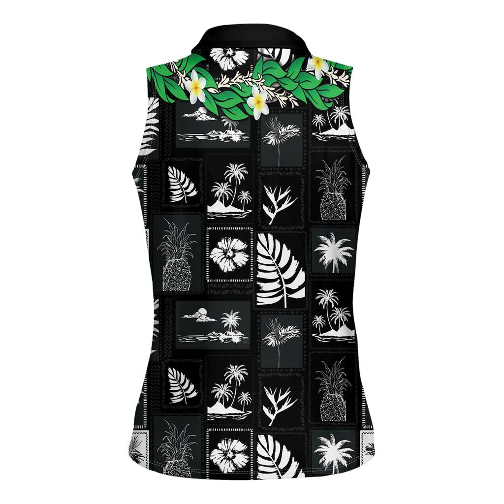 Aloha Hawaii Tuberose Lei Women Sleeveless Polo Shirt Tropical Vibes Black Color LT14 - Polynesian Pride