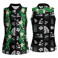 Aloha Hawaii Tuberose Lei Women Sleeveless Polo Shirt Tropical Vibes Black Color LT14 - Polynesian Pride