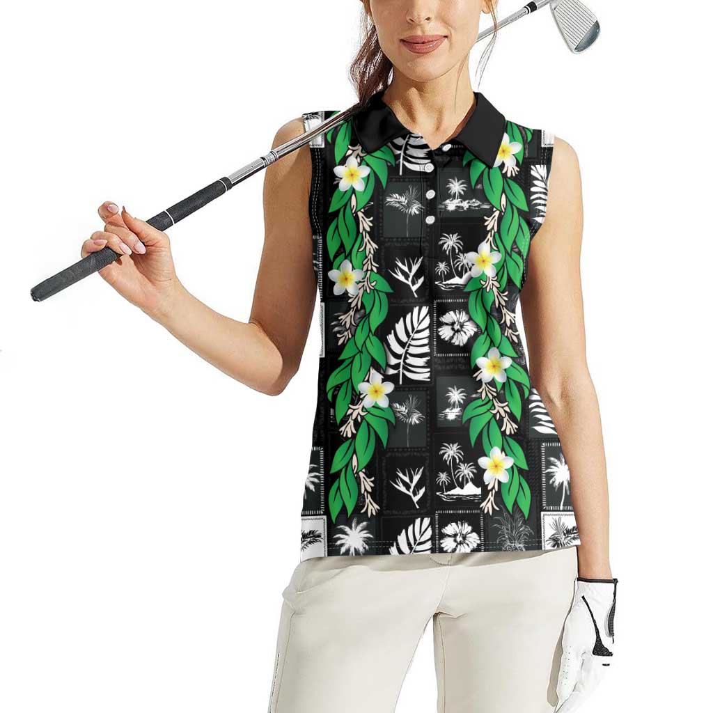 Aloha Hawaii Tuberose Lei Women Sleeveless Polo Shirt Tropical Vibes Black Color LT14 - Polynesian Pride