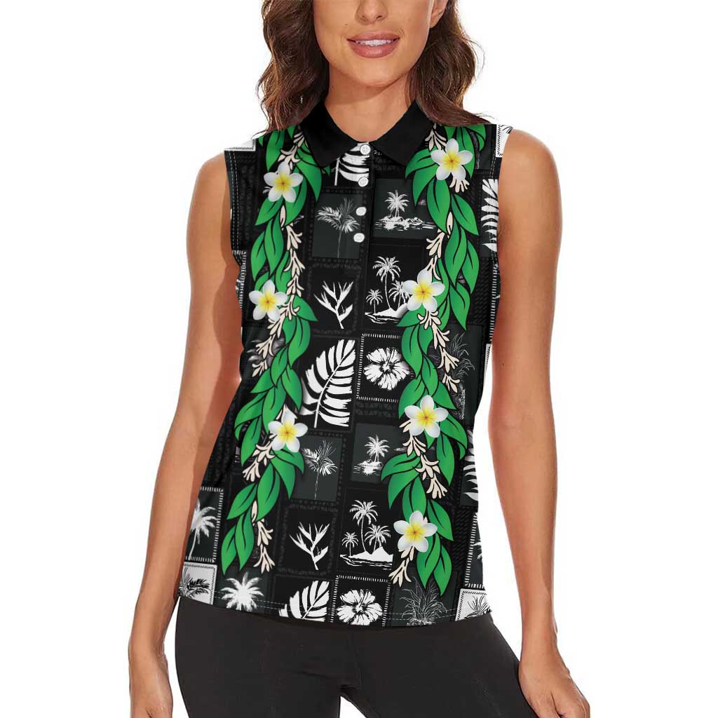 Aloha Hawaii Tuberose Lei Women Sleeveless Polo Shirt Tropical Vibes Black Color LT14 - Polynesian Pride