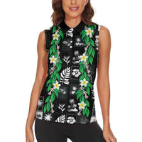 Aloha Hawaii Tuberose Lei Women Sleeveless Polo Shirt Tropical Vibes Black Color LT14 - Polynesian Pride