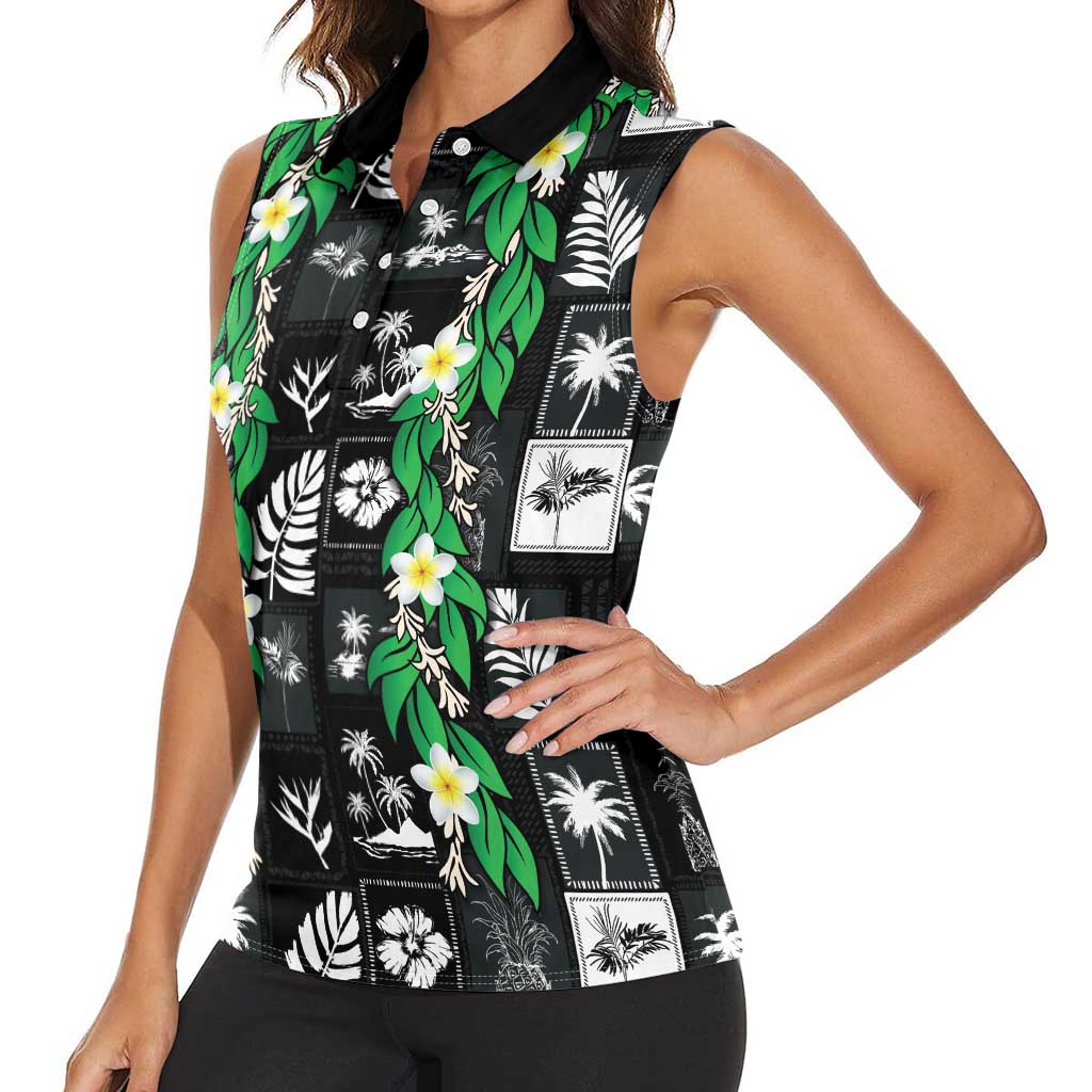 Aloha Hawaii Tuberose Lei Women Sleeveless Polo Shirt Tropical Vibes Black Color LT14 - Polynesian Pride