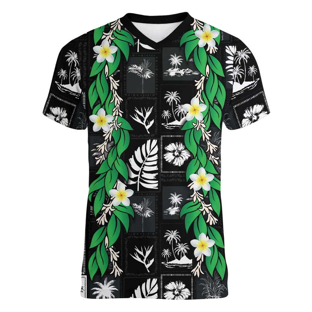 Aloha Hawaii Tuberose Lei Women V-Neck T-Shirt Tropical Vibes Black Color LT14 Female Black - Polynesian Pride