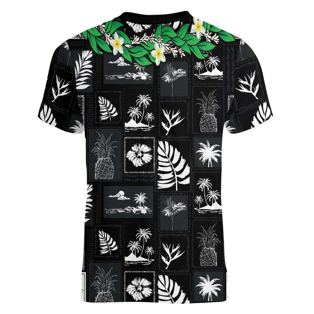Aloha Hawaii Tuberose Lei Women V-Neck T-Shirt Tropical Vibes Black Color LT14 - Polynesian Pride