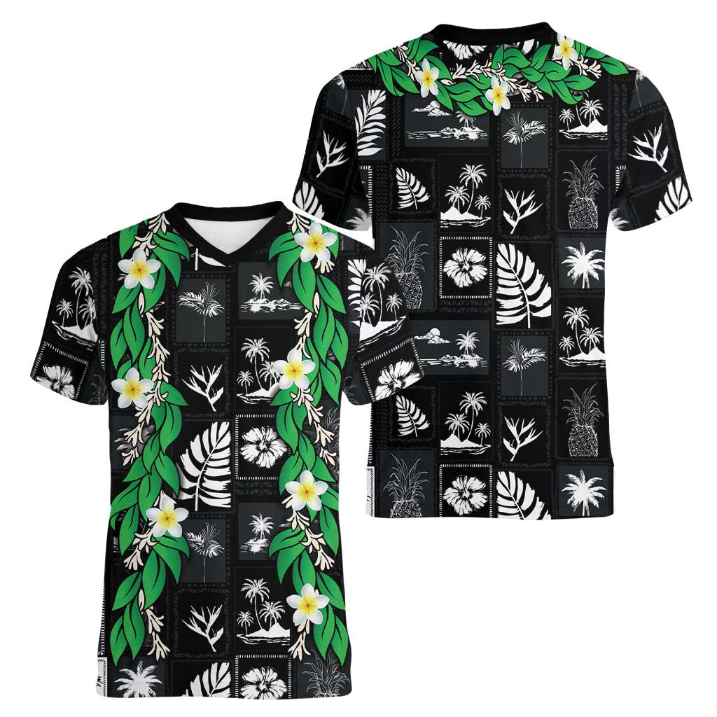 Aloha Hawaii Tuberose Lei Women V-Neck T-Shirt Tropical Vibes Black Color LT14 - Polynesian Pride