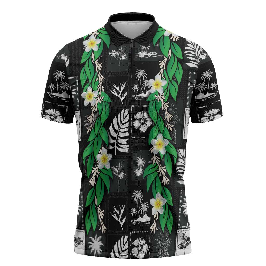 Aloha Hawaii Tuberose Lei Zipper Polo Shirt Tropical Vibes Black Color - Polynesian Pride