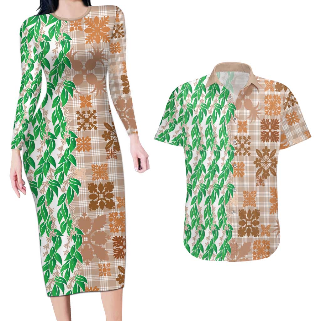 Aloha Hawaii Palaka Tuberose Lei Couples Matching Long Sleeve Bodycon Dress and Hawaiian Shirt Hawaiian Quilt Seamless Style LT14 Beige - Polynesian Pride