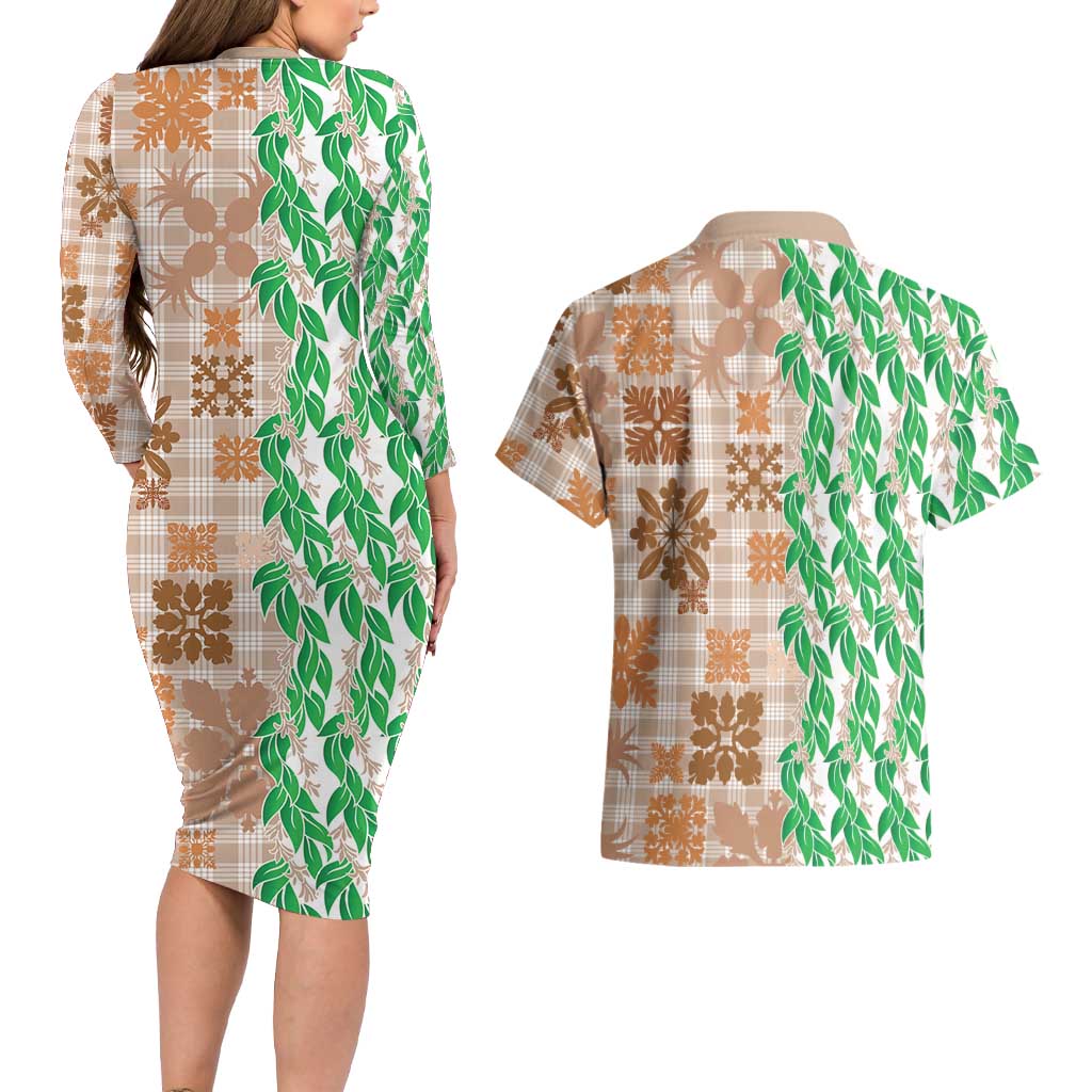 Aloha Hawaii Palaka Tuberose Lei Couples Matching Long Sleeve Bodycon Dress and Hawaiian Shirt Hawaiian Quilt Seamless Style LT14 - Polynesian Pride