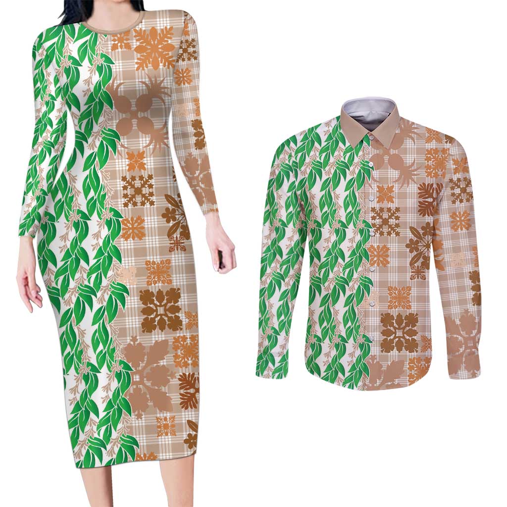 Aloha Hawaii Palaka Tuberose Lei Couples Matching Long Sleeve Bodycon Dress and Long Sleeve Button Shirt Hawaiian Quilt Seamless Style LT14 Beige - Polynesian Pride