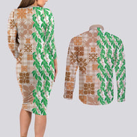 Aloha Hawaii Palaka Tuberose Lei Couples Matching Long Sleeve Bodycon Dress and Long Sleeve Button Shirt Hawaiian Quilt Seamless Style LT14 - Polynesian Pride