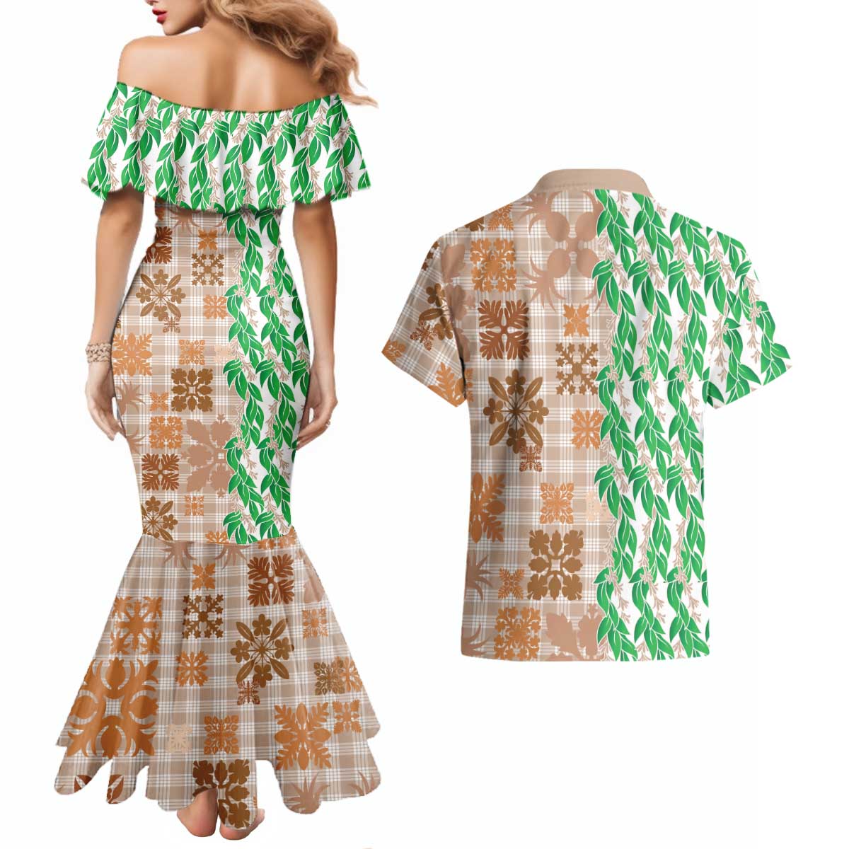 Aloha Hawaii Palaka Tuberose Lei Couples Matching Mermaid Dress and Hawaiian Shirt Hawaiian Quilt Seamless Style LT14 - Polynesian Pride