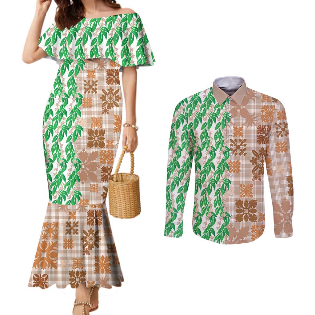 Aloha Hawaii Palaka Tuberose Lei Couples Matching Mermaid Dress and Long Sleeve Button Shirt Hawaiian Quilt Seamless Style LT14 Beige - Polynesian Pride
