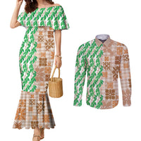 Aloha Hawaii Palaka Tuberose Lei Couples Matching Mermaid Dress and Long Sleeve Button Shirt Hawaiian Quilt Seamless Style LT14 Beige - Polynesian Pride