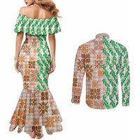 Aloha Hawaii Palaka Tuberose Lei Couples Matching Mermaid Dress and Long Sleeve Button Shirt Hawaiian Quilt Seamless Style LT14 - Polynesian Pride