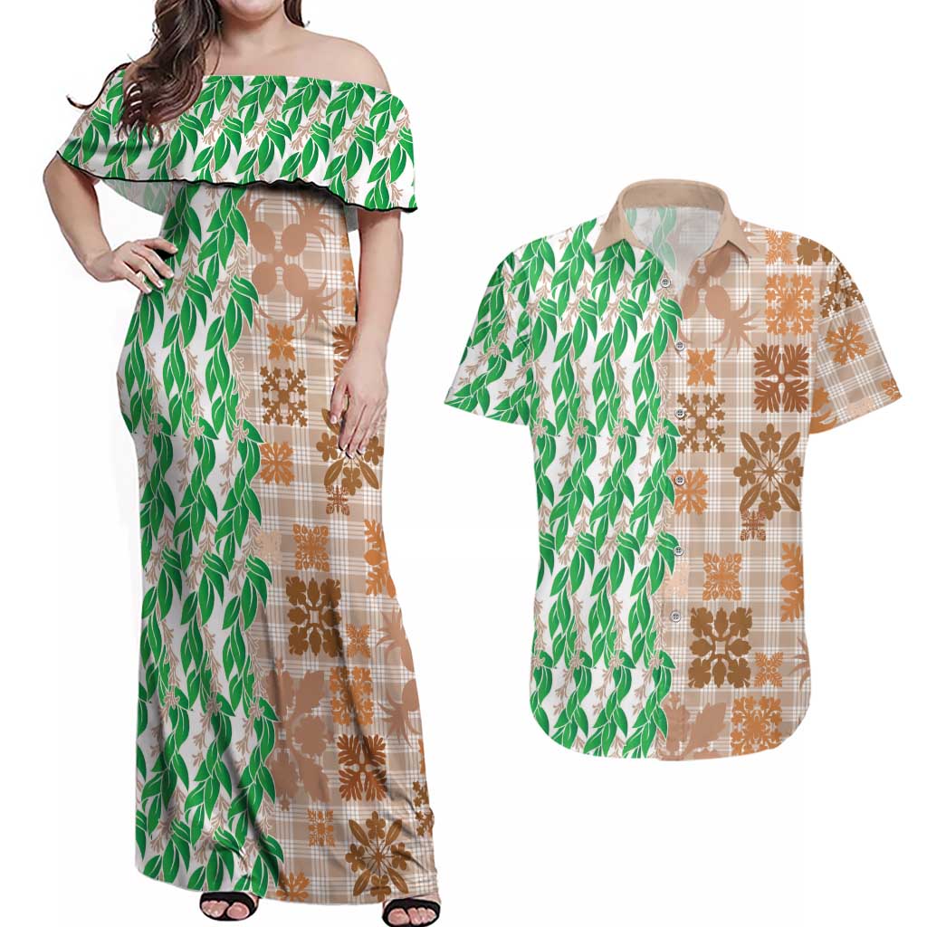 Aloha Hawaii Palaka Tuberose Lei Couples Matching Off Shoulder Maxi Dress and Hawaiian Shirt Hawaiian Quilt Seamless Style LT14 Beige - Polynesian Pride